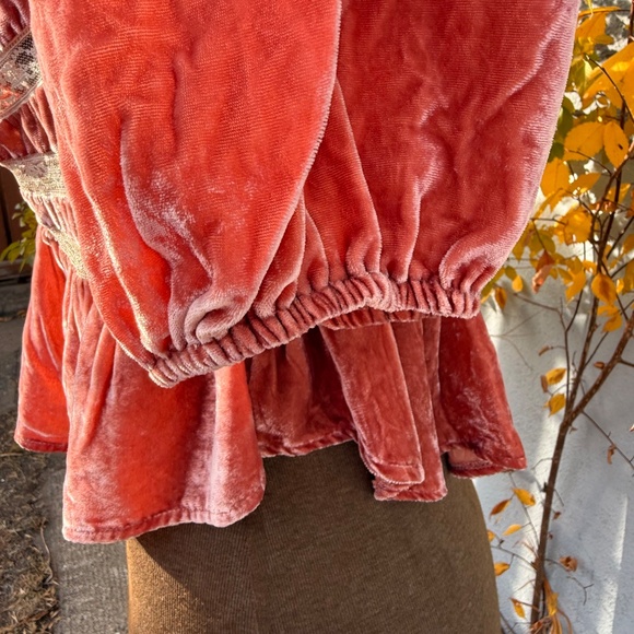 Free People Yours Truly Velvet Peplum Lace Trim Blouse in Blush - Picture 6 of 9